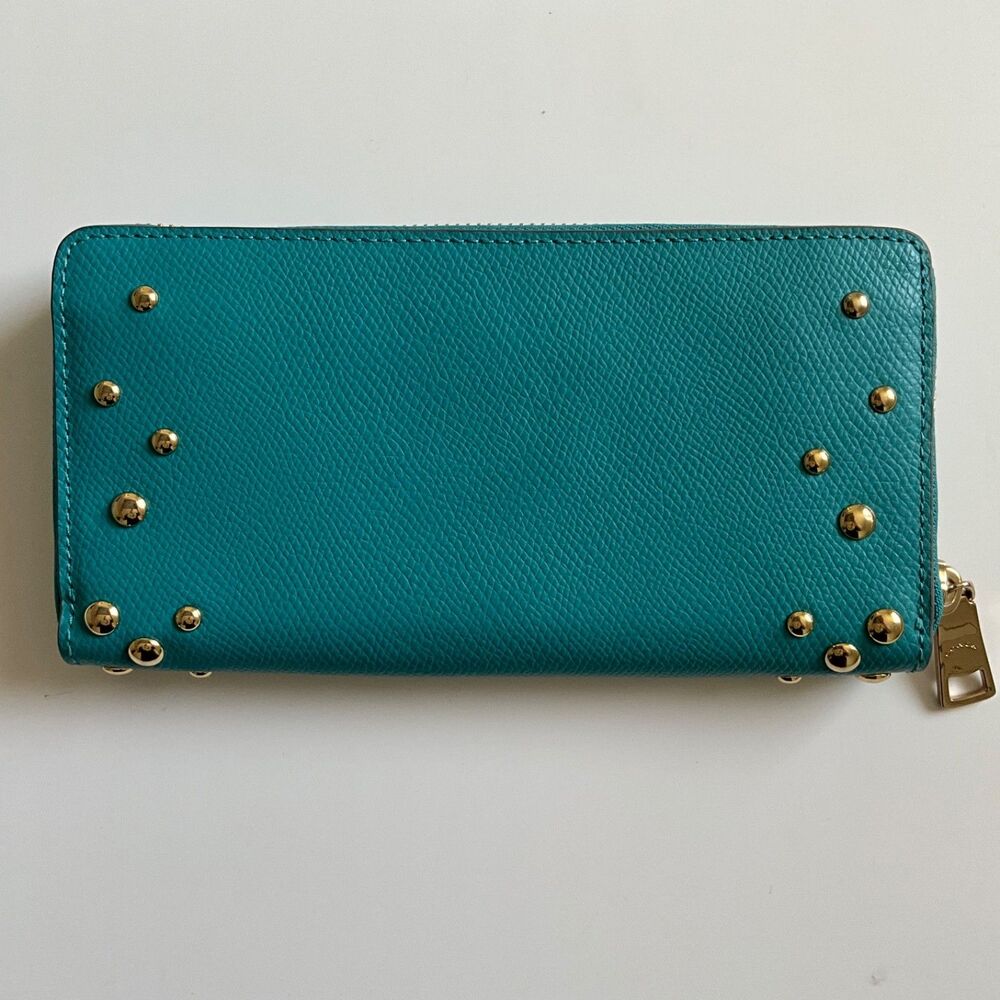 Coach Studded Accordion Zip Wallet Cadet Blue Crossgrain Leather Gold Hardware - Picture 2 of 8
